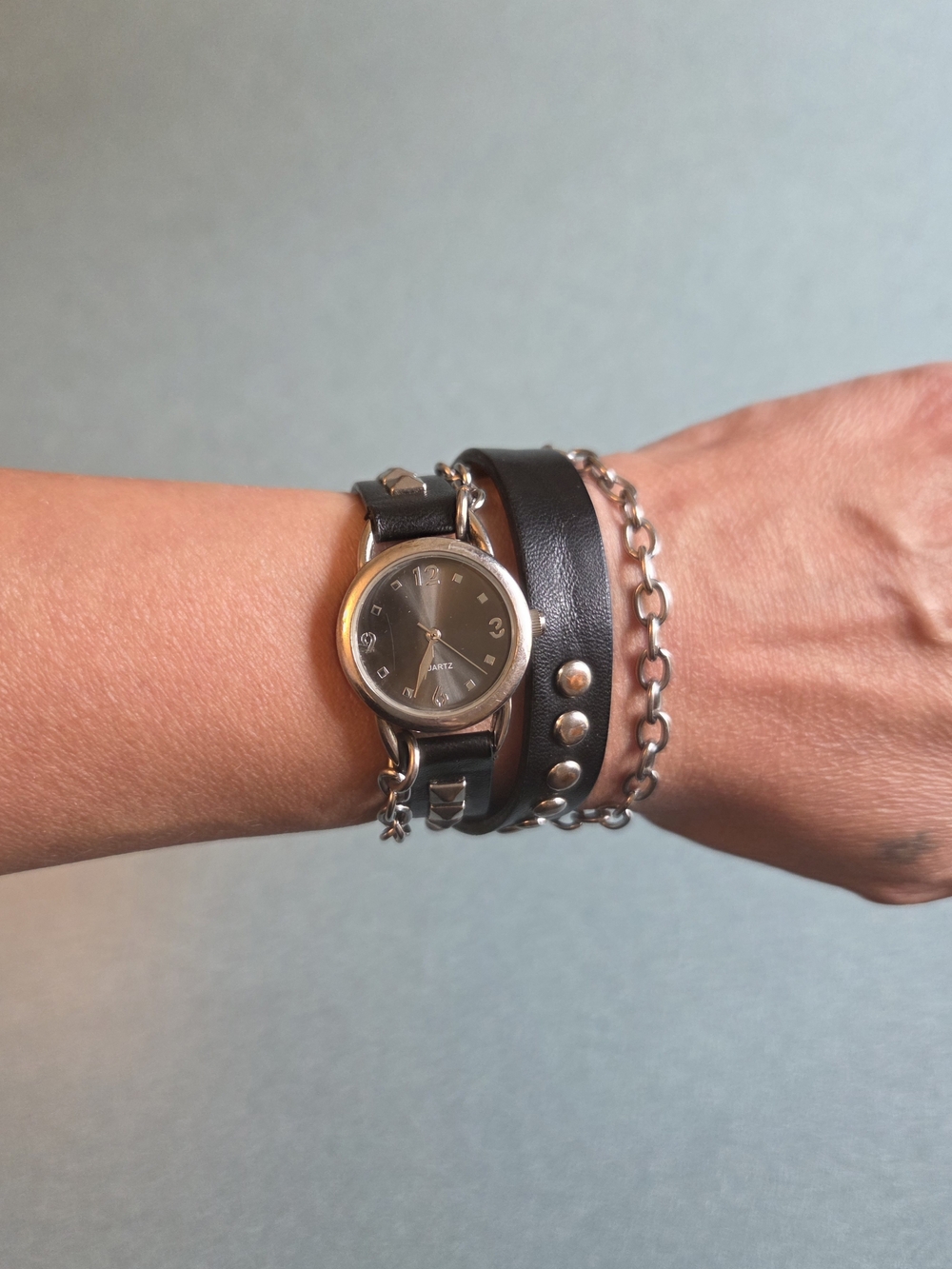 Unique Double Wrap Black Leather Watch with Rivets & Silver Chain